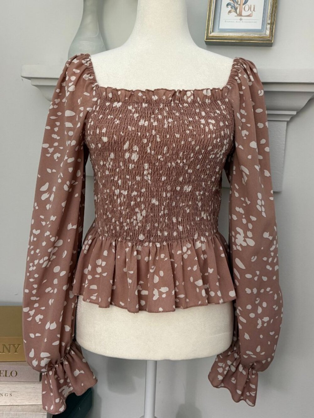 SHEIN Mauve Floral Smocked Peplum Blouse Puff Sleeve Top L